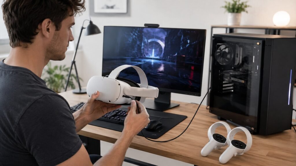 Scène réaliste liée à Connecter un Meta Quest 2 au PC : câble ou Air Link