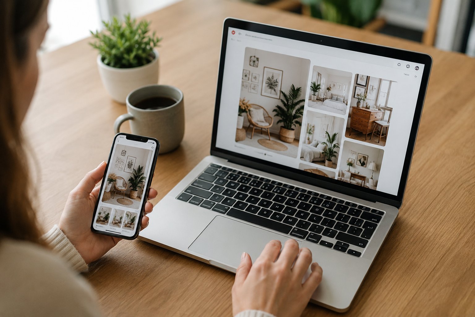 Scène réaliste liée à Enregistrer une photo sur Pinterest : téléphone et PC