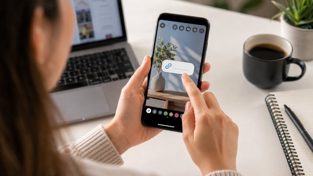 Scène réaliste liée à Partager un lien sur Instagram : ce qui marche en 2026