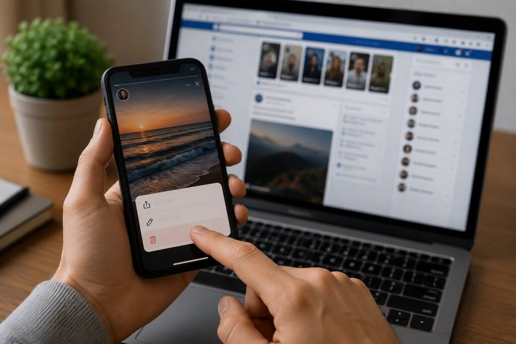 Scène réaliste liée à Supprimer une story Facebook : mobile, PC et archives